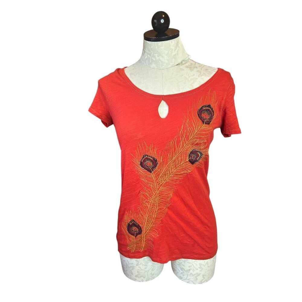 Lucky Brand Blouse Top Crewneck Peacock Feathers Embroidered Sz S Red Boho